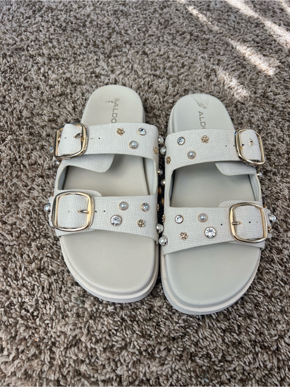 ALDO Womens White Jeweled Double Buckle Sandals